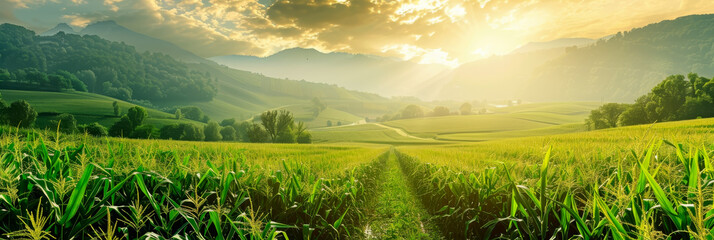 Sticker - Corn field panorama view in sunlight for web banner template.