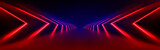 Fototapeta Przestrzenne - Red led light tunnel on black background. Vector realistic illustration of abstract neon arch illumination glowing on dark stage, laser beam corridor for nightclub decoration, futuristic cyber space