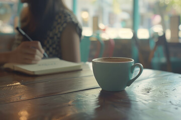 Start your day with a tranquil moment, coffee cup on wood table, woman enjoying, AI generative.