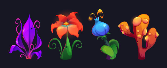 Fantasy alien flower. Magic forest plant game set. Fairy tale isolated asset for fantastic wonderland nature landscape. Unusual flora collection. Ui psychedelic jungle planet botany element.