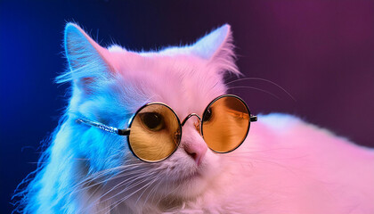 Wall Mural - Portrait of white furry cat in fashion eyeglasses. Studio neon light footage. Luxurious domestic kitty in glasses poses on black background