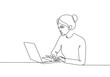 Continuous One Line Drawing of Woman with Laptop. Female Working One Line Illustration. Business Concept Abstract Minimalist Contour Drawing. Vector EPS 10