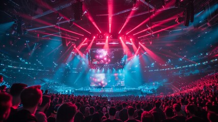 Rock concert at stadium with Bright stage lighting, crowded dance floor.