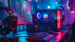 © YOUCEF - professional gaming desk with gaming pc , headset ,gaming keyboard and mouse , monitor 2k , neon light , blur effect, immersive gaming experience, gamer wallpaper background