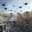 Multiple drones flying in grid over building site, AI generative.