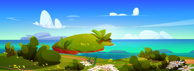 Wall Mural - Summer seashore with flowers and green grass. Vector cartoon illustration of beach scenery with clear blue water, footpath along coast with lawn and bushes, clouds in sunny sky, travel background
