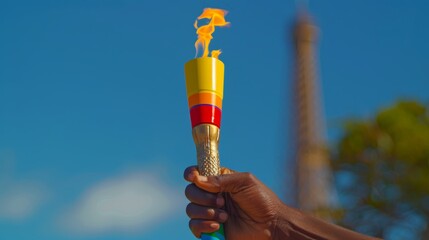 Wall Mural - Hand of an athlete holding a torch with the flame, sporty modern light abstract colorful art style background of the Eiffel Tower, concept Olympic Games, banner