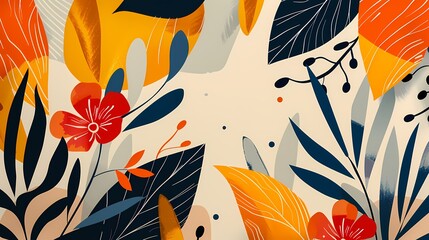 Fototapete - Orange and blue floral plant illustration poster background