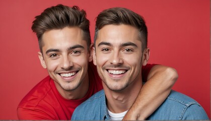 red background happy gay couple guy looking at camera in studio shot portrait from Generative AI