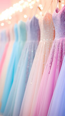 Wall Mural - A row of pastel sequined tulle gowns hang on hangers in the store