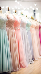 Wall Mural - A row of pastel sequined tulle gowns hang on hangers in the store