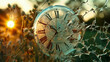 a surreal of wall clock encased in broken glass with shards around it, set against a backdrop of a sunlit field and flowers, themes of fragility and the passage of time