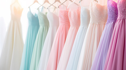 Wall Mural - A row of pastel sequined tulle gowns hang on hangers in the store