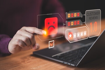 Poster - Customer touch virtual screen on angry emotion face, Bad review, client dislike service and quality, low rating, social media not good. Business service concept of customer experience dissatisfied.