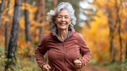 Wall Mural - A woman is running in the woods with a smile on her face