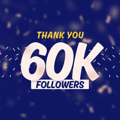 Poster - Thank you 60k followers celebration with gold rose pink blurry confetti on blue background