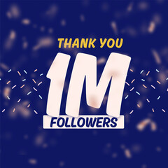 Poster - Thank you 1 million followers celebration with gold rose pink blurry confetti on blue background