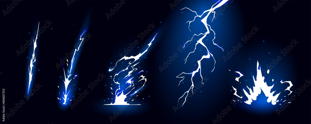 Lightning strike bolt silhouettes sequence vector illustration. Black ...