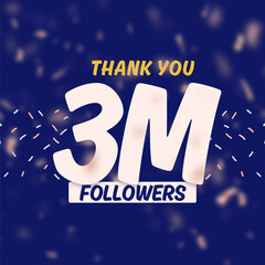 Thank you 3 million  followers celebration with gold rose pink blurry confetti on blue background