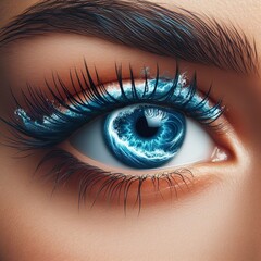 Wall Mural - detailed close up of a eyes made of water, a detailed closeup of an ocean wave swirling around the blue iris eyelashes