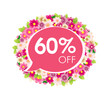 Advertising round label up to 60 percent off discount. Sale banner with pink flowers and talking cloud frame. Order on the phone, online sale Internet button. Creative icon, floral logo template.