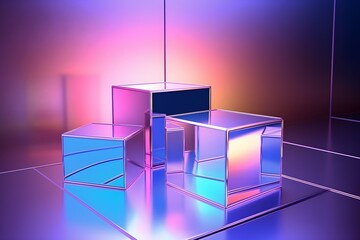 Fototapete - 3d illustration    lighting cubes under pink and blue lights ,  generated by AI