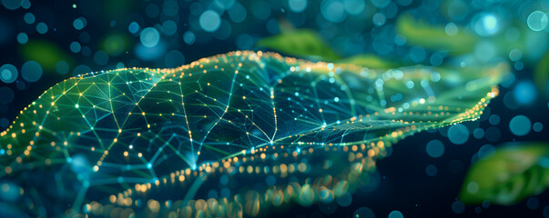 Technology advancement in green energy symbolizes by a green leaf with 3D effect of glowing tech mesh. Sustainability concept of alternative energy, innovation and environment pollution care