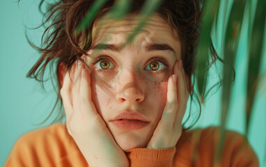 portrait of a surprised woman holding her face with two hands