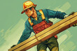 Artistic illustration showcasing a dedicated construction worker efficiently carrying lumber on his shoulder