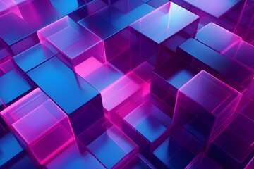 Fototapete -  3D illustration volumetric  colorful  cubes. Parallelogram pattern. Technology geometry neon background, generated by AI.