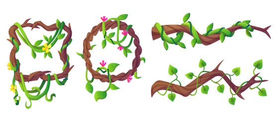 Poster - Liana vine frames and borders for game ui design. Cartoon vector illustration set of jungle helix plant branch with green climbing vegetation with leaves and flowers. Rainforest creeping tree parts.
