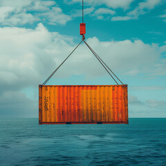 Wall Mural - Orange shipping container suspended over sea.