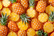 Fresh yellow whole and sliced pineapples on bold colored background
