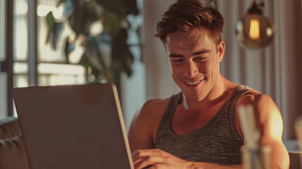 Wall Mural - Portrait of an handsome caucasian american business man wearing summer outfit clothing using laptop in a modern workspace