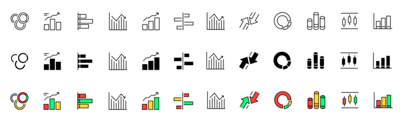 Poster - Graph icons collection. Chart icons. Linear, silhouette and flat style. Vector icons