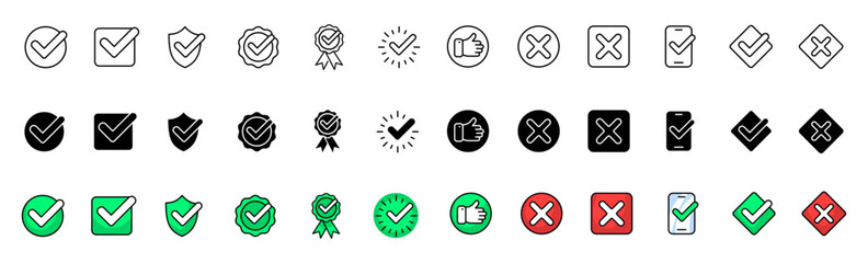 Wall Mural - Approval icons collection. Tick and cross icons. Linear, silhouette and flat style. Vector icons