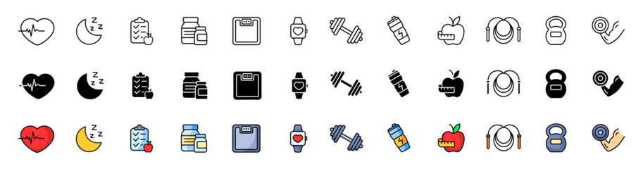 Poster - Healthy lifestyle icons collection. Linear, silhouette and flat style. Vector icons