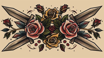 Wall Mural - Timeless traditional tattoo design, featuring daggers and roses with solid fill colors and stark outlines, presented on an isolated background