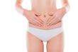 © deagreez - Calories anorexic lose mass concept. Cropped close up photo of flat skinny thin smooth flawless perfect ideal belly, hands touching stomach wearing white underclothes isolated on white background