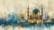 Illustrations Muslim Arab mosque in blue, gold colors, with a dome, minarets and a crescent, a symbol of faith and worship, Koran, Ramadan, Eid al-Adha