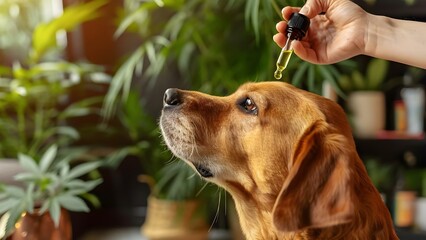 Dog using CBD oil for anxiety relief modern pet care solution. Concept CBD Oil, Anxiety Relief, Modern Pet Care, Dog Health, Alternative Medicine