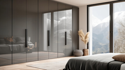 Canvas Print - bedroom with a large wardrobe and window and a view of mountains