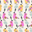 Seamless pattern with exotic tropical birds and flowers in simple style. Cute vector design, background, print