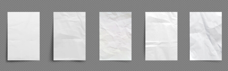 Poster - Paper sheets with wrinkles. Realistic vector illustration set of empty white and lined pages with crumpled effect. Design mockup of blank sheet with crease