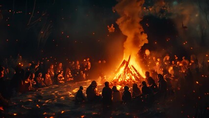 Poster - Group of People Sitting Around a Campfire in the Woods, A soft and warm artistic rendition of people gathered around a bonfire on Thanksgiving evening