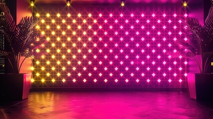 Wall Mural - Dark nightclub ambiance with neon patterns in vibrant yellow and pink.