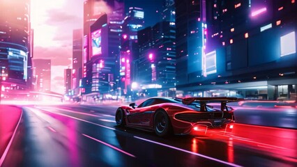 Sticker - A car with headlights on drives down a bustling city street at night, surrounded by tall buildings and illuminated by streetlights, A sports car crossing a vibrant cityscape