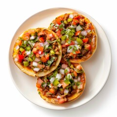 Wall Mural - White plate with three tacos covered in toppings, featuring traditional Mexican food sopes