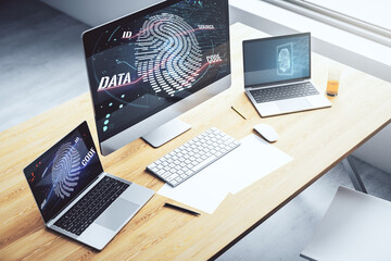 Poster - Modern computer monitor with abstract creative fingerprint hologram, research and development concept. 3D Rendering