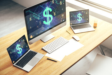 Aufkleber - Creative concept of USD symbols illustration on modern laptop screen. Trading and currency concept. 3D Rendering